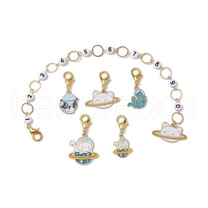 6Pcs Cat & Planet Alloy Enamel Knitting Row Counter Chains & Locking Stitch Markers Kits HJEW-JM01334-1