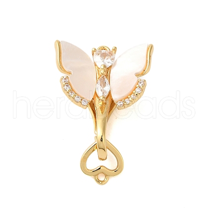 Brass Micro Pave Clear Cubic Zirconia Fold Over Clasps with Shell KK-S382-07G-1
