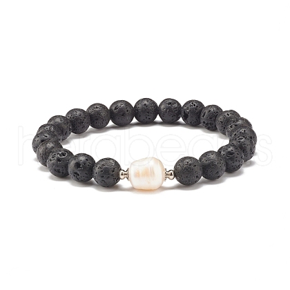 Natural Pearl & Lava Rock Beaded Stretch Bracelet BJEW-JB07760-1