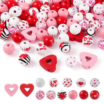  180Pcs 13 Styles Valentine's Day Spray Painted Natural Wood Beads WOOD-TA0002-01-1