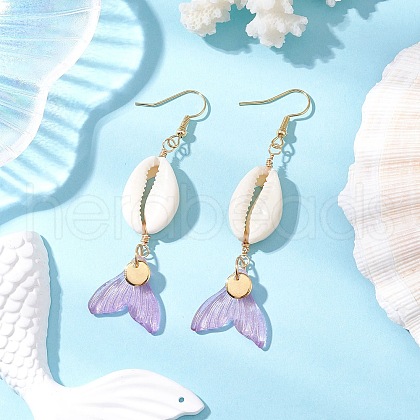 Natural Cowrie Shell Glass Dangle Earrings EJEW-JE06385-05-1