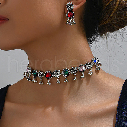 Flat Round & Flower Alloy Rhinestone Pendant Necklace & Stud Dangle Earring Sets FS-WG9BC55-05-1