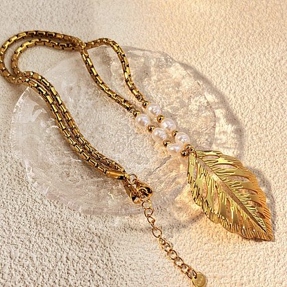 304 Stainless Steel Leaf Pendant Necklaces for Women NJEW-U038-02G-1