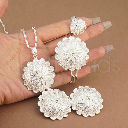 Flower Alloy Pendant Necklace & Stud Earring & Ring & Cuff Bangles Sets FS-WGC2EA1-01-1
