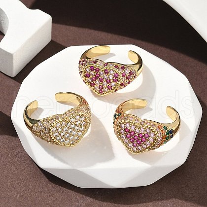 Heart Brass Micro Pave Cubic Zirconia Cuff Rings for Women RJEW-A069-11G-1