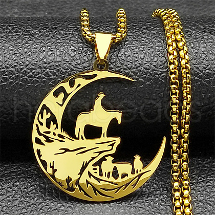 304 Stainless Steel Hollow Cut Cowboy Moon Pendant Necklaces NJEW-H065-26G-1