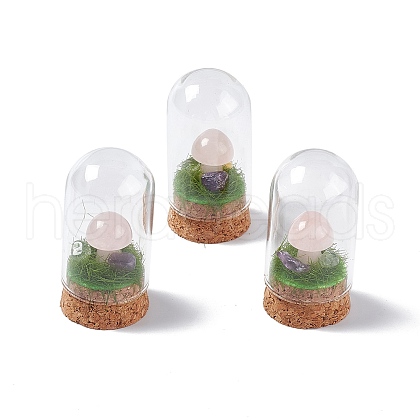 Natural Rose Quartz Mushroom Display Decoration with Glass Dome Cloche Cover G-E588-03J-1