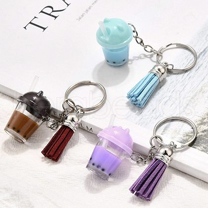 3Pcs Faux Suede Tassel & Imitation Bubble Tea/Boba Milk Tea Resin Keychain KEYC-JKC01203-1