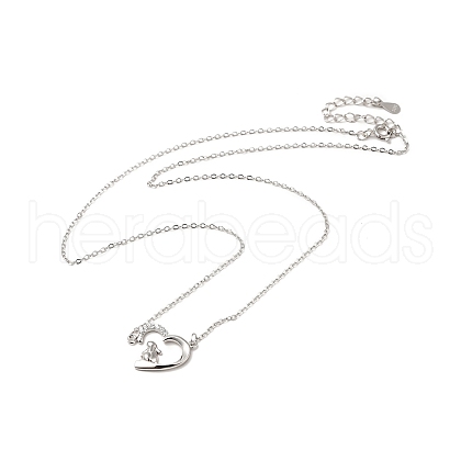 Rhodium Plated 925 Sterling Silver Rabbit with Heart Pendant Necklace with Clear Cubic Zirconia for Women NJEW-E034-02P-1