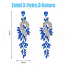 FIBLOOM 3 Pairs 3 Colors Sparkling Rhinestone Leafy Branch Dangle Stud Earrings EJEW-FI0001-90-2