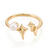 Brass & Natural Pearls Adjustable Open Cuff Rings for Women PEAR-N020-07I-2