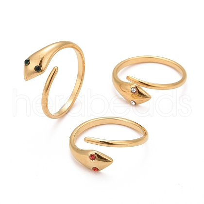 Ion Plating(IP) 304 Stainless Steel Snake Wrap Open Cuff Ring with Rhinestone for Women RJEW-E062-B02-G-1