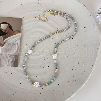 Natural Shell Star & Colorful Glass Round Beaded Necklaces for Women CT9099-1