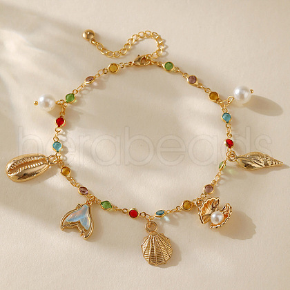 Bohemian Brass Glass Flat Round Link Chain Anklets AJEW-Z046-09G-1