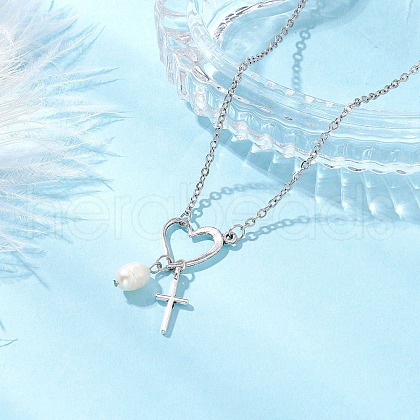 Stainless Steel & ABS Imitation Pearl Heart Cross Necklaces for Women NJEW-JN05201-01-1