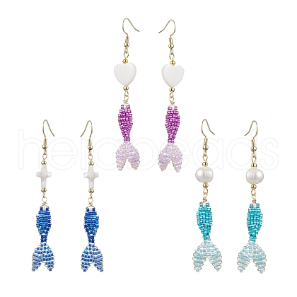 3 Pairs 3 Colors Glass & Shell Dangle Earrings EJEW-MZ00160-1