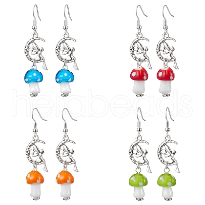 4 Pairs Mushroom Alloy and Lampwork Dangle Earring EJEW-TA00446-1