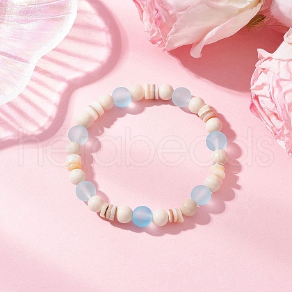 Bohemia Style Natural Fossil & Freshwater Shell & Glass Beads Stretch Bracelets for Women BJEW-JB11863-1