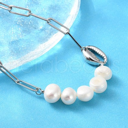 304 Stainless Steel Shell & Natural Pearl Beads Paperclip Chain Necklaces for Women NJEW-A045-17P-1