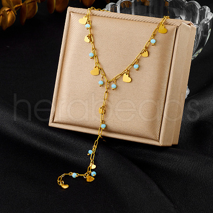 304 Stainless Steel & Glass Heart Tassel Y Necklaces for Women NJEW-B132-03G-1