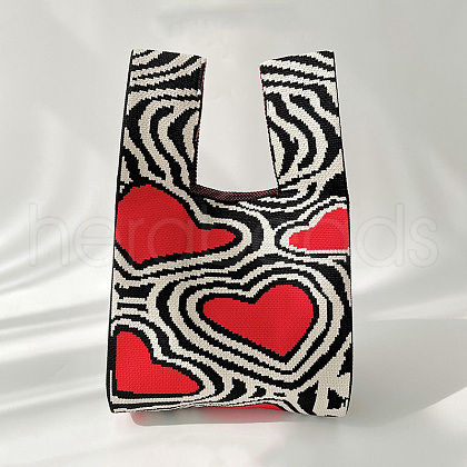 Polyester Heart Print Knitted Tote Bags PW-WG24464-03-1