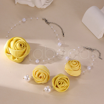 Rose Cloth & Plastic Pearl Beads Pendant Necklace & Stud  Earring & Charm Bracelets Sets FS-WG06DE4-02-1