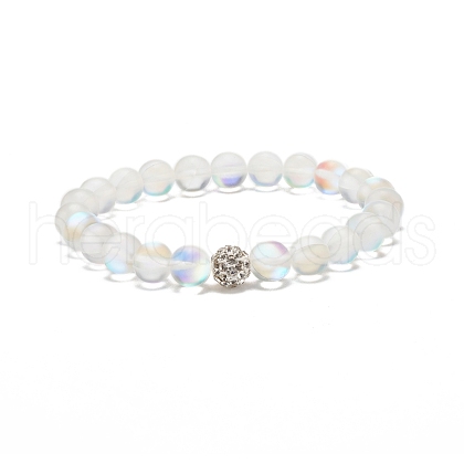 Synthetic Moonstone Round Beaded Stretch Bracelet with Rhinestone BJEW-JB07888-01-1