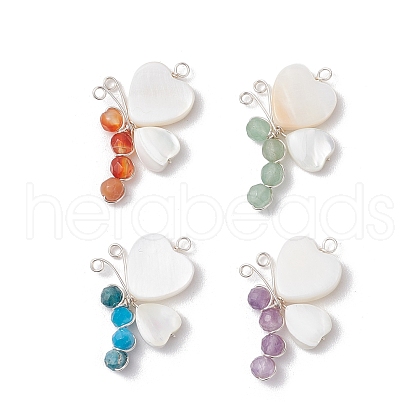 4Pcs 4 Styles Faceted Round Natural Carnelian & Amethyst & Apatite & Green Aventurine Beaded Copper Wire Wrapped Butterfly Pendants PALLOY-TA00235-1