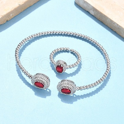 Oval Brass Micro Pave Cubic Zirconia Cuff Bangles & Rings Sets for Women SJEW-R002-03P-02-1