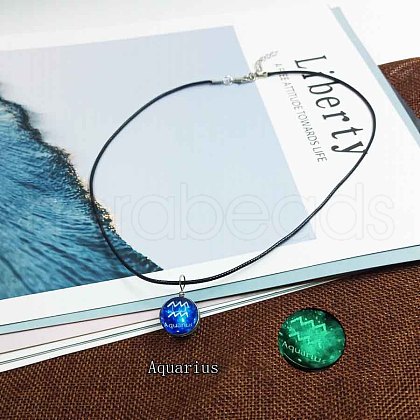 Zinc Alloy & Luminous Blue Glass Flat Round with Constellation Pendant Black Waxed Cord Necklaces WG9F396-08-1