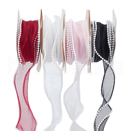 WADORN 4 Rolls 4 Colors 5 Yards Organza Ribbon with Plastic Pearl Beads OCOR-WR0001-46-1