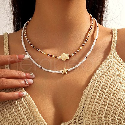 Summer Beach Natural Shell Pendant Glass Seed Beaded Necklaces for Women FS-WGEF253-04-1