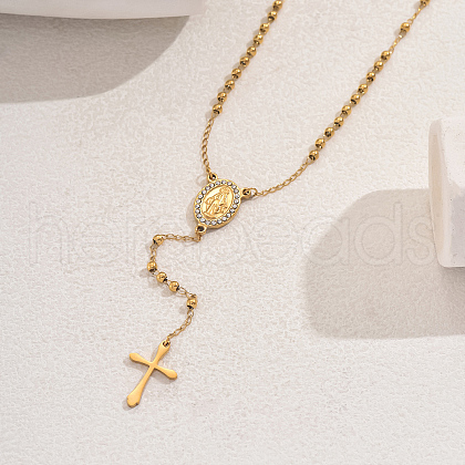 Stainless Steel Crystal Rhinestone Relief Portrait Saint Pendant Tassel Cross Rosary Bead Necklaces for Women EU5525-1-1