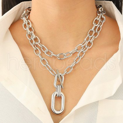 Alloy Double Layered Oval Pendant Necklaces NJEW-Z078-01P-1