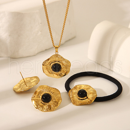 Elegant Stainless Steel Lotus Flower Stud Earrings & Pendant Necklaces & Hair Tie Sets for Women XU3448-1-1