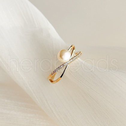 Criss Cross Brass Micro Pave Clear Cubic Zirconia with Plastic Imitation Pearl Cuff Rings FS-WG6C634-01-1-1