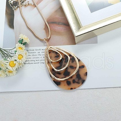 Leopard Print Teardrop Alloy & Cellulose Acetate Pendant Necklaces for Women FS-WGDDA9F-04-1
