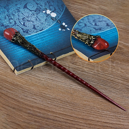Synthetic Watermelon Stone Glass Magic Wand with Wooden Findings PW-WG44227-13-1