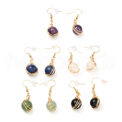 Wire Wrap Round Mixed Stone Beads Dangle Earrings EJEW-JE04659-1