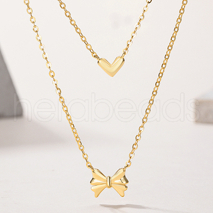 Vintage Style 925 Sterling Silver Heart Bowknot Pendant Double Layer Necklaces for Women EE9509-1