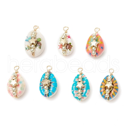 Printed Natural Cowrie Shell Copper Wire Wrapped Pendants PALLOY-JF03954-01-1