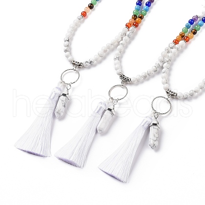 Natural Howlite Bullet & Tassel Pendant Necklace with Mixed Gemstone Beaded Chains NJEW-E585-02H-1