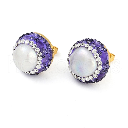Mother's Day Jewellery Rack Plating Flat Round Brass With Rhinestone & Natural Pearl Handmade Indonesia Stud Earrings EJEW-U010-02D-G-1