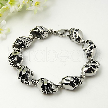 Tarnish Resistant Mens 304 Stainless Steel Skull Bracelets for Halloween BJEW-C383-01-1