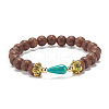 Natural Wood Round Beaded Stretch Bracelet with Synthetic Turquoise Teardrop BJEW-JB07992-4