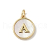 Brass Pave Natural Shell Flat Round with Letter Charms KK-Z115-13G-2