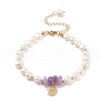 Natural Amethyst Chips & Pearl Beaded Bracelet BJEW-JB08236-02-1