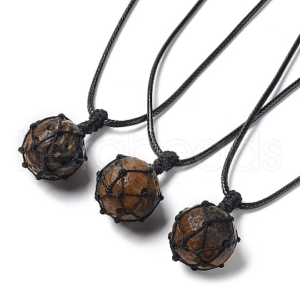 Natural Tiger Eye Round Pendant Necklace NJEW-H009-02-08-1