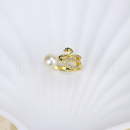 Mother's Day Jewellery Natural Freshwater Pearl with Clear Cubic Zirconia Cuff Rings WGACE42-15-1