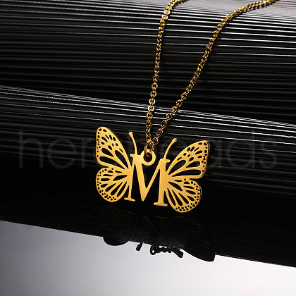 304 Stainless Steel Butterfly Initial Pendant Necklaces WG80197-13-1